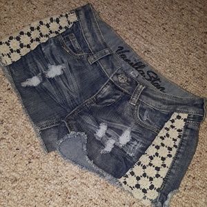 Distressed lace jean shorts